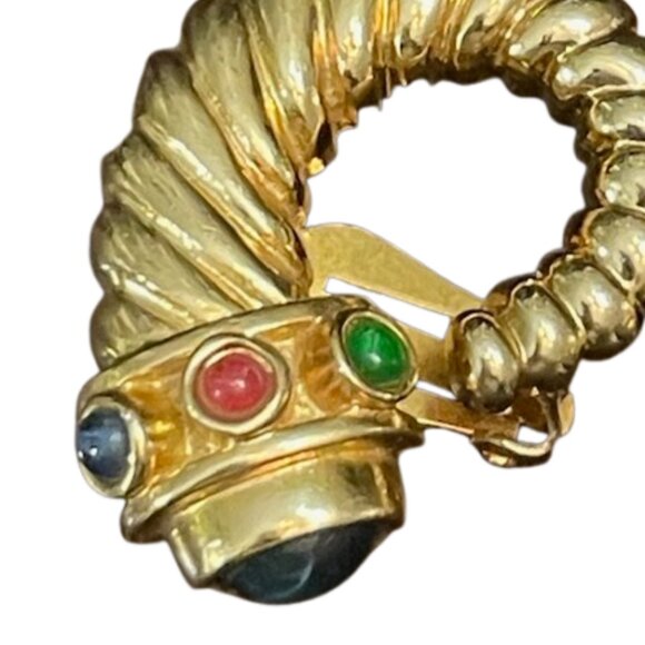 Vintage Glass Cabochon Rams Horn Gold Tone Mogul Style Clip On Earrings - Picture 3 of 4